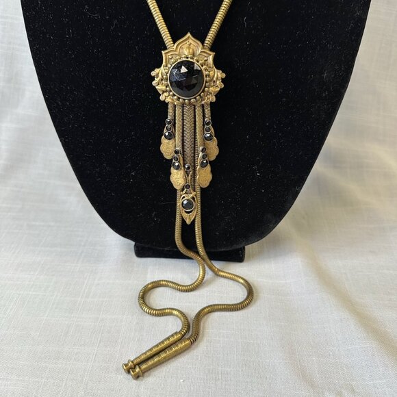 Vintage Jack Smile Egyptian Revival Art Deco Style Brass Bolo Necklace - Picture 4 of 16